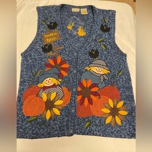 Vintage Bobbie Brooks Halloween Sweater Vest large fall blue